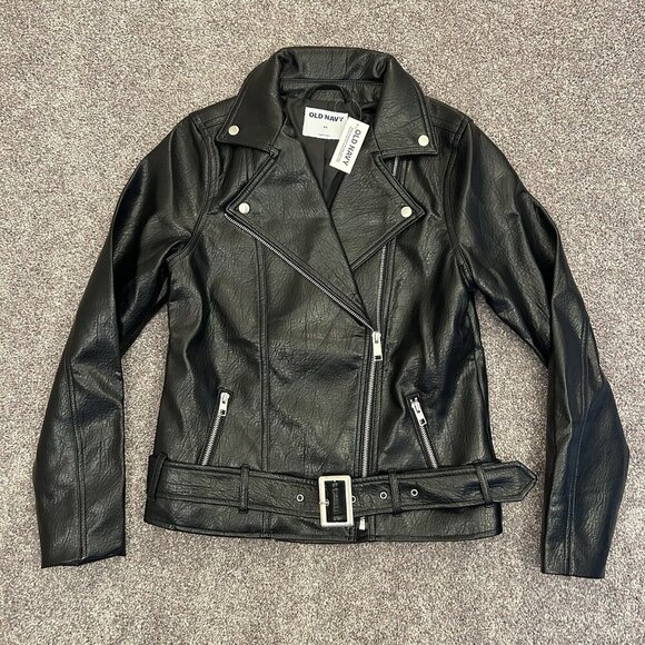 Old Navy Women's Faux Leather Belted Biker Jacket Size XS Black Full Zip NWT - Picture 6 of 16